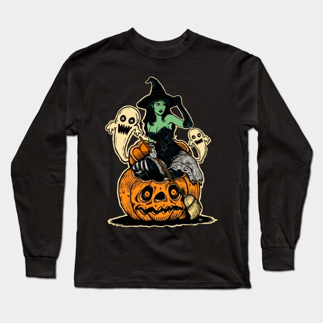 Halloween Witch and Pumpkin Long Sleeve T-Shirt by ZugArt01